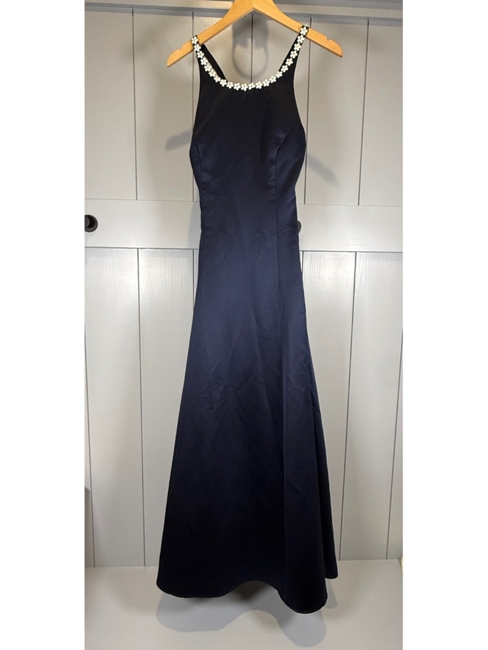 Barijay Navy Blue Formal Evening Dress with Silver Floral Straps size 9-10